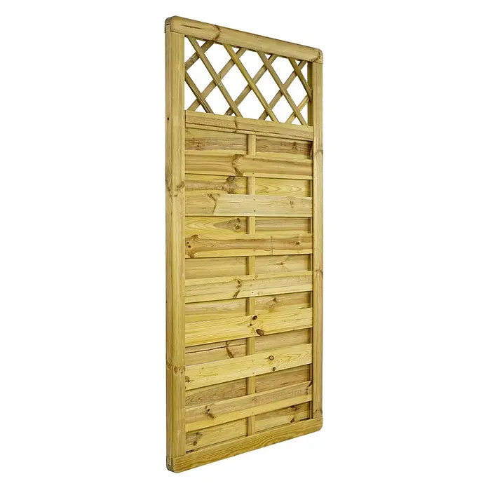 GartenLand Sichtschutzelement VARIO MASSIV - B x H: 90 x 180 cm, Holz, Kiefer KDI Grün - Hölzernes Gartenzaunfeld mit diagonalem Spalier oben und horizontalen Latten unten, hell behandeltes Holz.