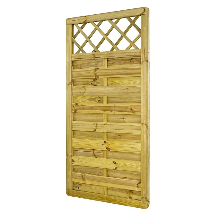 GartenLand Sichtschutzelement VARIO MASSIV - B x H: 90 x 180 cm, Holz, Kiefer KDI Grün - Gartenzaunelement aus Holz mit horizontalen Lamellen und diagonalem Rankgitter oben.