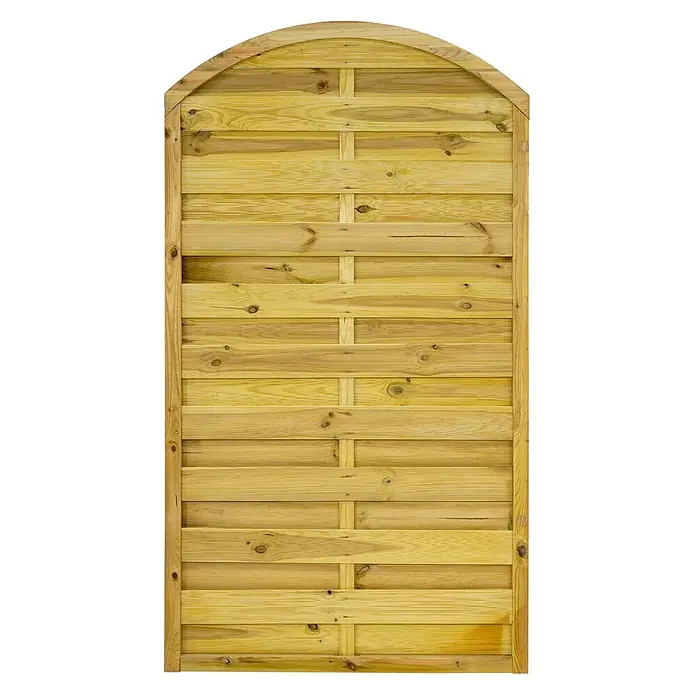 GartenLand Sichtschutzelement VARIO - Holz, Kiefer KDI Grün - Gebogener Gartenzaun aus hellem Naturholz mit verwobenen horizontalen und vertikalen Latten.