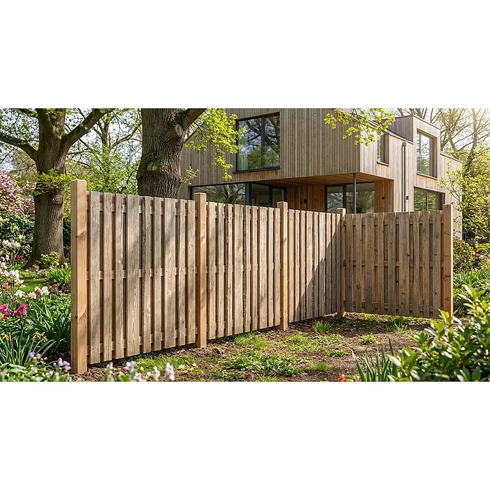 GartenLand Sichtschutzelement Bonanza - B x H: 180 x 180 cm, Holz, Natur - Heller Holzzaun mit vertikalen Brettern und stabilen Pfosten, der einen Garten von einem modernen Haus trennt.