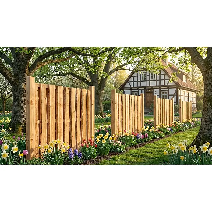 GartenLand Sichtschutzelement Bonanza - B x H: 180 x 180 cm, Holz, Natur - Holzzaun aus vertikalen, rustikalen Brettern, der einen Frühlingsgarten mit bunten Blumen und ein Haus im Hintergrund begrenzt.