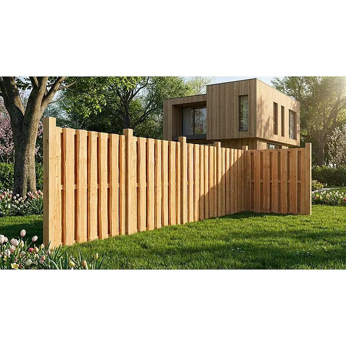 GartenLand Sichtschutzelement Bonanza - B x H: 180 x 180 cm, Holz, Natur - Gartenzaun aus Naturholz in L-Form, in sonniger Landschaft.
