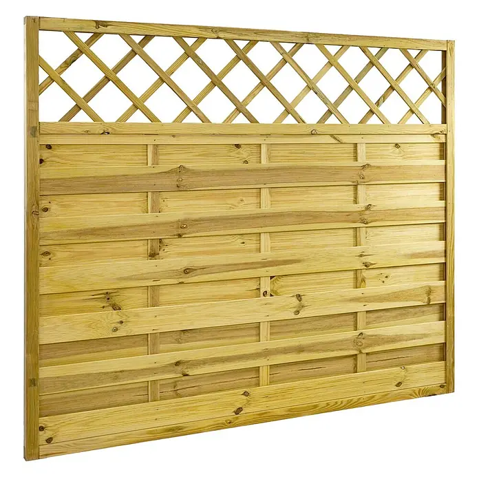 GartenLand Sichtschutzelement VARIO - B x H: 180 x 150 cm, Holz, Kiefer KDI Grün - Hellbraunes Holzzaunpaneel mit horizontalen Latten und einem diagonalen Spalieraufsatz.