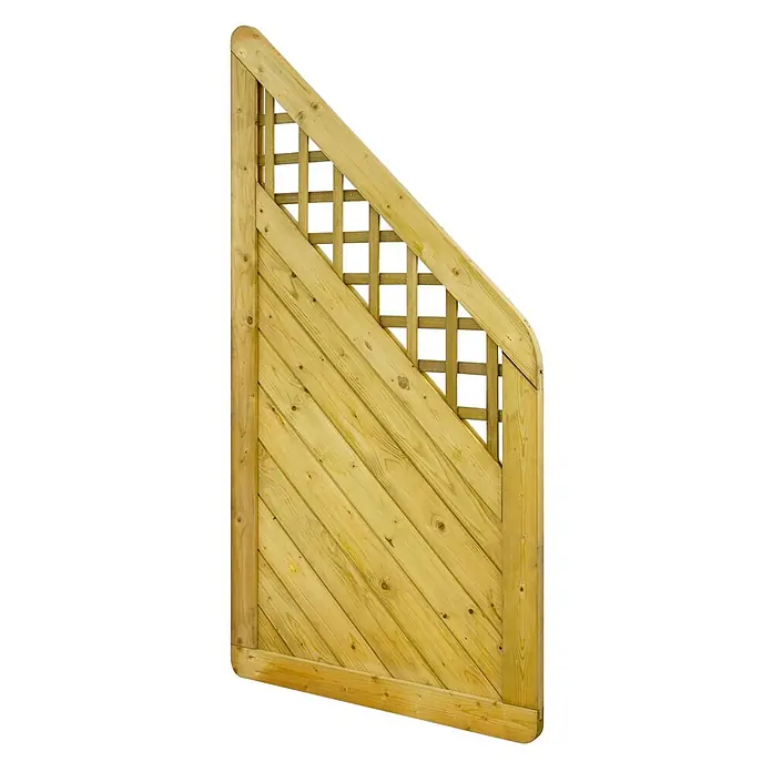 GartenLand Sichtschutzelement INNSBRUCK MASSIV - B x H: 90 x 180 cm, Holz, Fichte KDI Grün - Gartentor aus hellem Holz mit diagonalen Latten und schrägem Spalier oben, abgerundete Kanten.