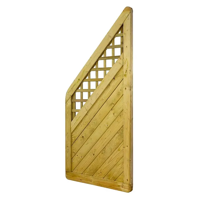 GartenLand Sichtschutzelement INNSBRUCK MASSIV - B x H: 90 x 180 cm, Holz, Fichte KDI Grün - Holz-Gartenzaunpaneel mit diagonaler Oberkante, oben mit Rankgitter und darunter diagonalen Massivholzbrettern.