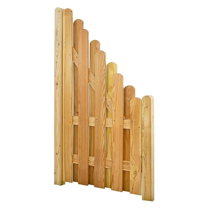 GartenLand Sichtschutzelement MAILAND - B x H: 90 x 180 cm, Holz, Lärche - Heller Zaunabschnitt aus Naturholz mit Latten unterschiedlicher Höhe, die eine schräge Oberkante bilden.