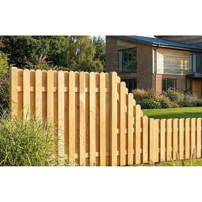 GartenLand Sichtschutzelement MAILAND - B x H: 90 x 180 cm, Holz, Lärche - Heller Holzzaun mit abgerundeten vertikalen Latten, der in einem angelegten Garten mit Haus im Hintergrund nach unten geschwungen ist.