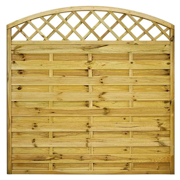 GartenLand Sichtschutzelement VARIO - B x H: 180 x 180 cm, Holz, Kiefer KDI Grün - Heller Holzgartenzaun mit horizontalen Latten, vertikalen Stützen und gewölbtem Rautenrankgitter oben.