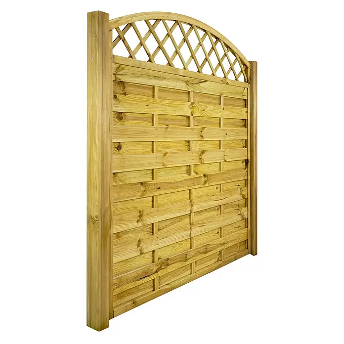 GartenLand Sichtschutzelement VARIO - B x H: 180 x 180 cm, Holz, Kiefer KDI Grün - Hellbraunes Holzzaunpaneel mit gewölbtem Spalieraufsatz und geflochtenem Lattenmuster.