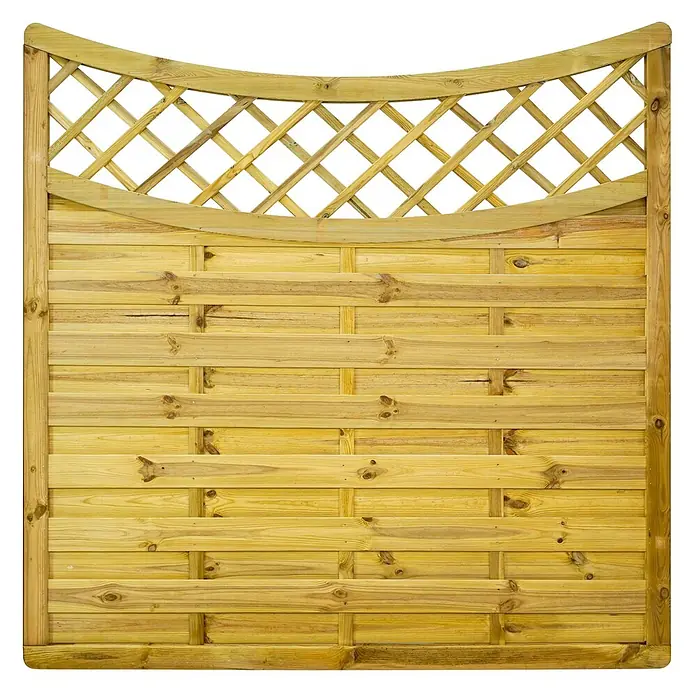 GartenLand Sichtschutzelement VARIO MASSIV - B x H: 180 x 180 cm, Holz, Kiefer KDI Grün - Helles Holzzaunpaneel mit horizontalen Latten und einem dekorativen gewölbten Rankgitter oben.