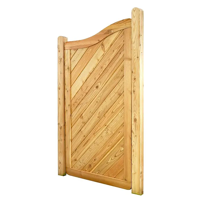 GartenLand Sichtschutzelement NIZZA - B x H: 90 x 165 cm, Holz, Lärche - Helles Holzgartentor mit diagonalen Latten, gebogenem Oberbalken und robusten Pfosten.