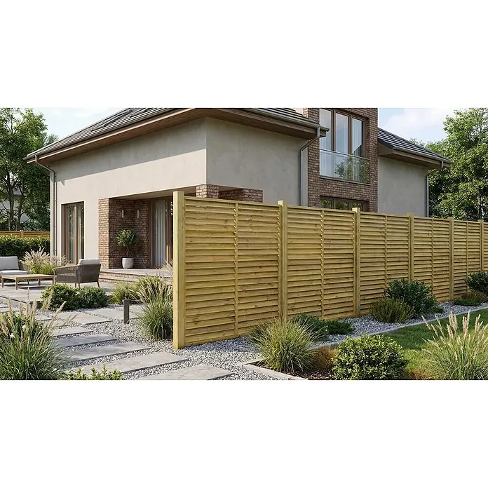 GartenLand Sichtschutzelement LINZ - B x H: 90 x 180 cm, Holz, Fichte KDI Grün - Robuster Holzlamellenzaun, der in einem modernen Garten Privatsphäre bietet.