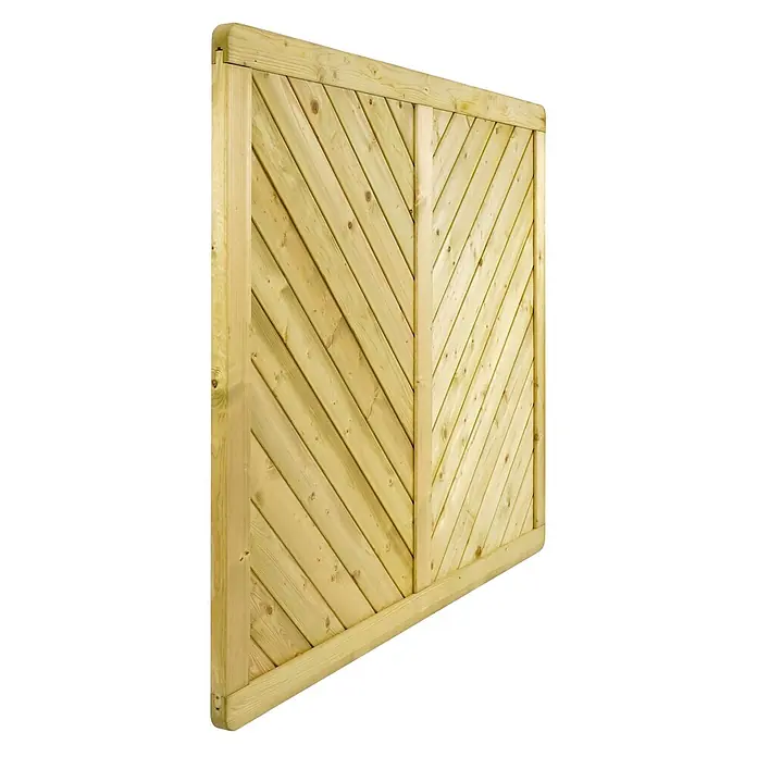 GartenLand Sichtschutzelement INNSBRUCK MASSIV - B x H: 180 x 150 cm, Holz, Fichte KDI Grün - Helles Holzzaunelement mit diagonalen Lamellen im Fischgrätmuster, von stärkeren Hölzern gerahmt.