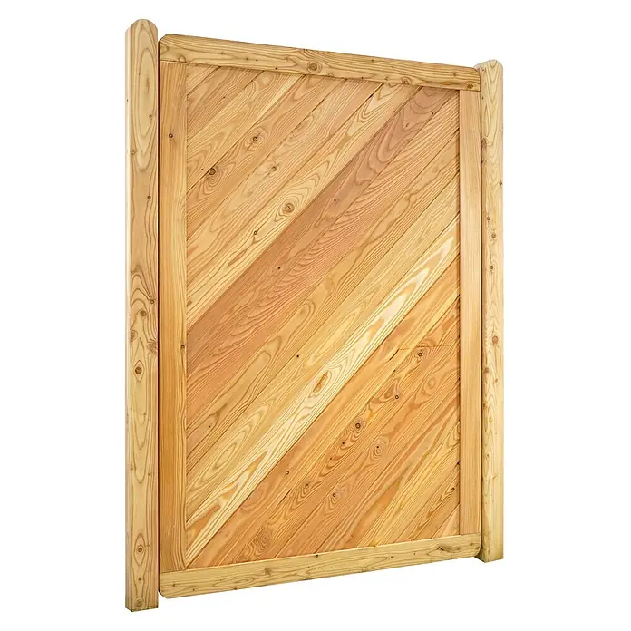 GartenLand Sichtschutzelement NIZZA - B x H: 120 x 180 cm, Holz, Lärche - Helle Holztorplatte mit diagonalen Latten, die natürliche Holzmaserung und Äste zeigt.