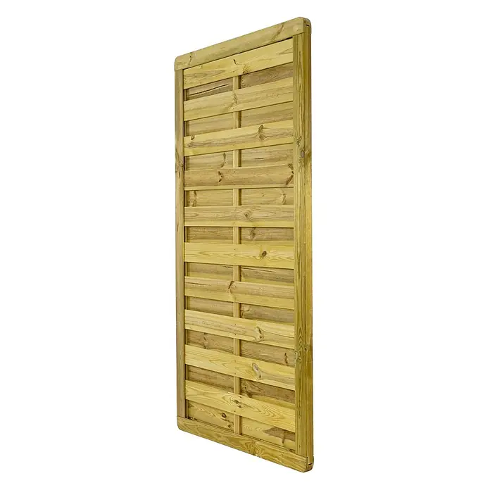 GartenLand Sichtschutzelement VARIO MASSIV - Holz, Kiefer KDI Grün - Hölzerner Gartenzaun mit dekorativem horizontalem und vertikalem Lattengeflecht, gerahmt von robusten Hölzern.