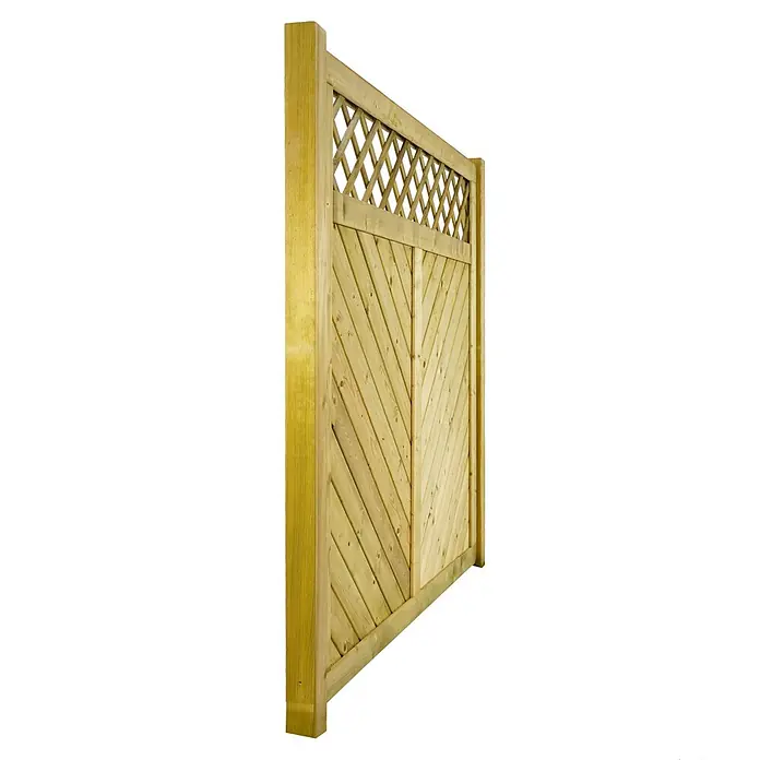 GartenLand Sichtschutzelement INNSBRUCK MASSIV - B x H: 180 x 180 cm, Holz, Fichte KDI Grün - Hellholz-Zaunplatte mit diagonalen Lamellen und dekorativem Rankgitter oben.