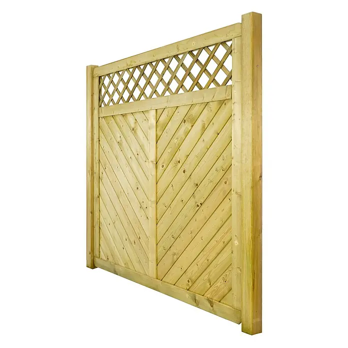 GartenLand Sichtschutzelement INNSBRUCK MASSIV - B x H: 180 x 180 cm, Holz, Fichte KDI Grün - Heller Holzzaun mit dekorativem Rankgitter oben und Fischgrätmuster-Lamellen.