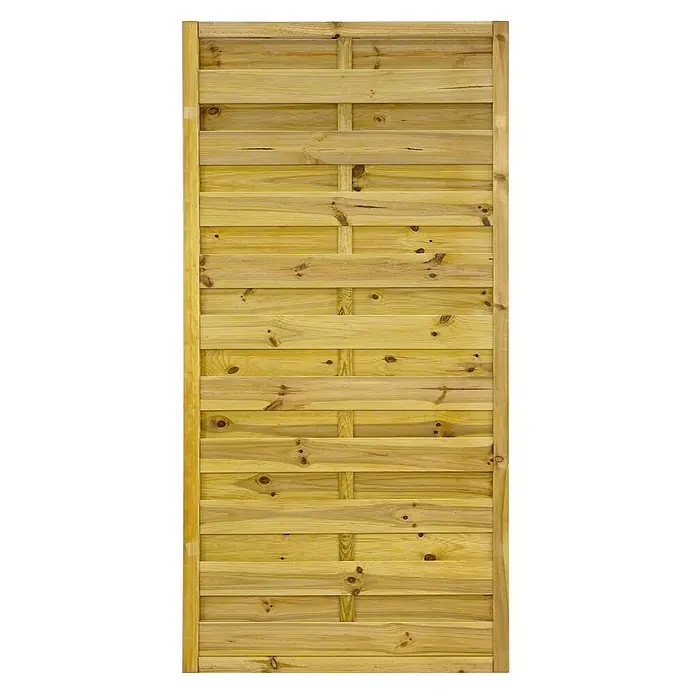 GartenLand Sichtschutzelement VARIO - B x H: 90 x 180 cm, Holz, Kiefer KDI Grün - Hellbraunes Holzzaunfeld mit horizontalen Latten und verwobenen vertikalen Stützen.