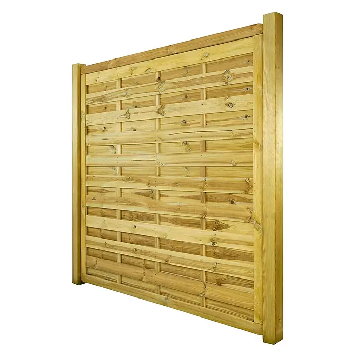 GartenLand Sichtschutzelement VARIO MASSIV - B x H: 180 x 180 cm, Holz, Kiefer KDI Grün - Helles Holzzaunpaneel mit horizontalen, geflochtenen Latten und zwei vertikalen Pfosten.