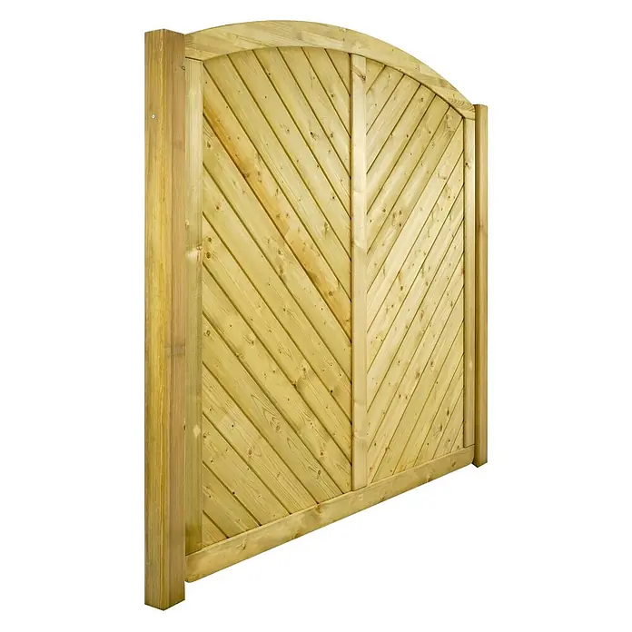 GartenLand Sichtschutzelement INNSBRUCK MASSIV - B x H: 180 x 180 cm, Holz, Fichte KDI Grün - Gewölbtes Gartenzaunelement aus hellem, behandeltem Holz mit diagonalem Lattenmuster.