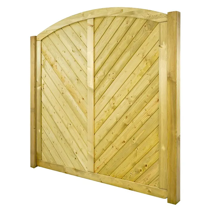 GartenLand Sichtschutzelement INNSBRUCK MASSIV - B x H: 180 x 180 cm, Holz, Fichte KDI Grün - Helles Holztor mit Bogen und diagonalen Brettern.