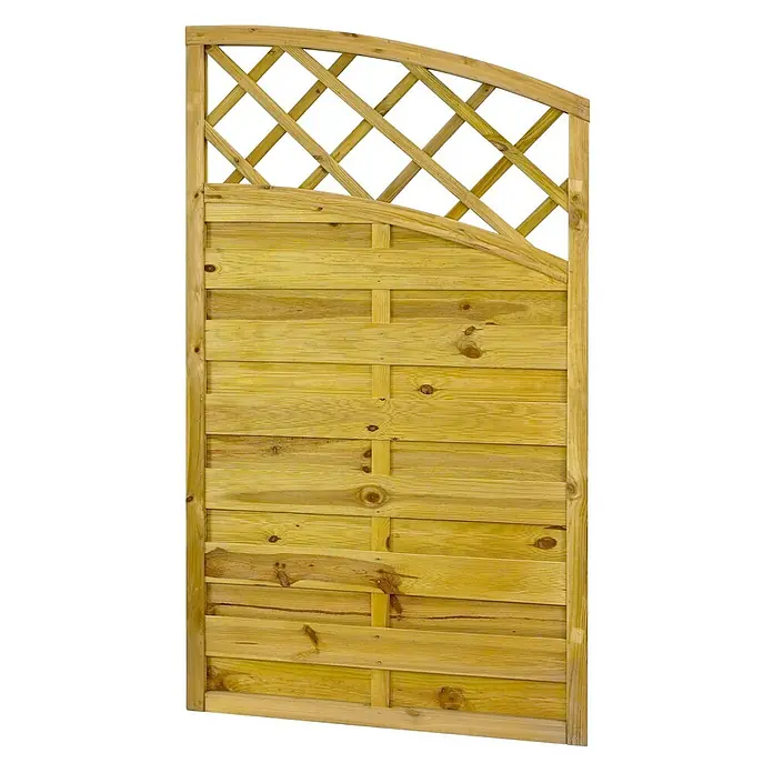 GartenLand Sichtschutzelement VARIO - B x H: 90 x 140 cm, Holz, Kiefer KDI Grün - Helles Holzzaunfeld mit gewölbtem Rankgitter oben.