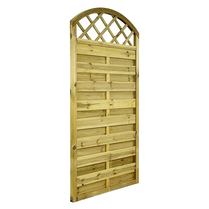 GartenLand Sichtschutzelement VARIO - B x H: 90 x 180 cm, Holz, Kiefer KDI Grün - Holzzaunpaneel mit horizontalen Lamellen und gewölbtem Rankgitter oben.