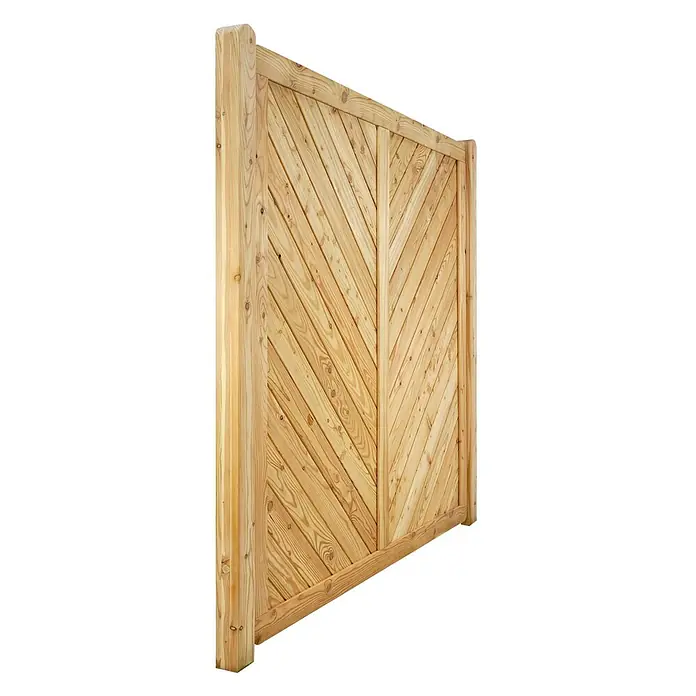 GartenLand Sichtschutzelement NIZZA - B x H: 180 x 150 cm, Holz, Lärche - Heller Holzzaun mit diagonalen Brettern in einem Chevron-Muster.