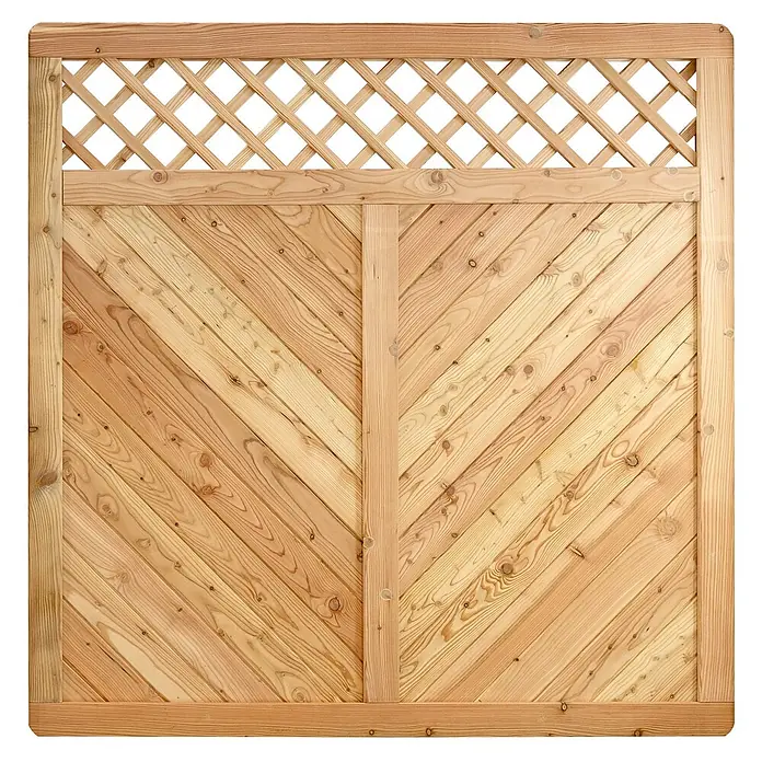 GartenLand Sichtschutzelement NIZZA - B x H: 180 x 180 cm, Holz, Lärche - Heller Holzzaun mit diagonalen Brettern und einem integrierten Rautenmuster oben.