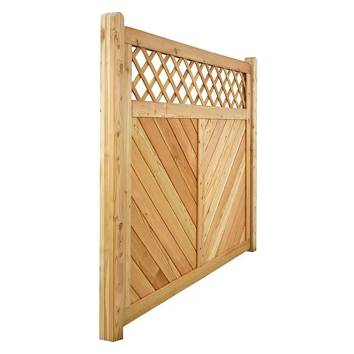 GartenLand Sichtschutzelement NIZZA - B x H: 180 x 150 cm, Holz, Lärche - Helles Holzzaunfeld mit diagonalen Latten und einem dekorativen Gitteraufsatz für Gartensichtschutz.