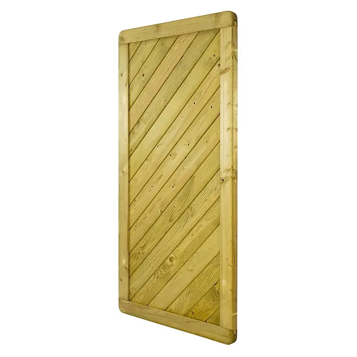 GartenLand Sichtschutzelement INNSBRUCK MASSIV - B x H: 90 x 180 cm, Holz, Fichte KDI Grün - Helles, behandeltes Holztor-Paneel mit diagonalen Lamellen und stabilem Rahmen.