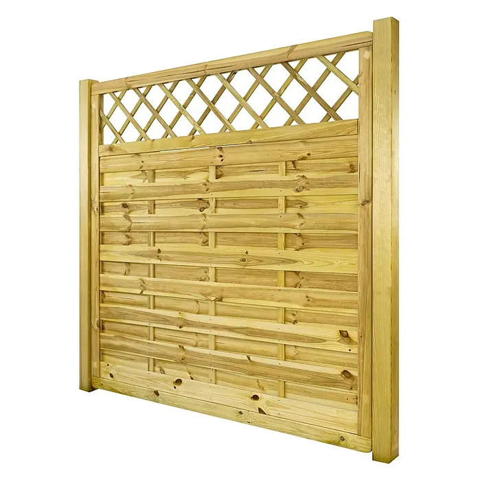 GartenLand Sichtschutzelement VARIO MASSIV - B x H: 180 x 180 cm, Holz, Kiefer KDI Grün - Helles Holzzaunfeld mit horizontalen Latten und einem dekorativen Rautengitter.