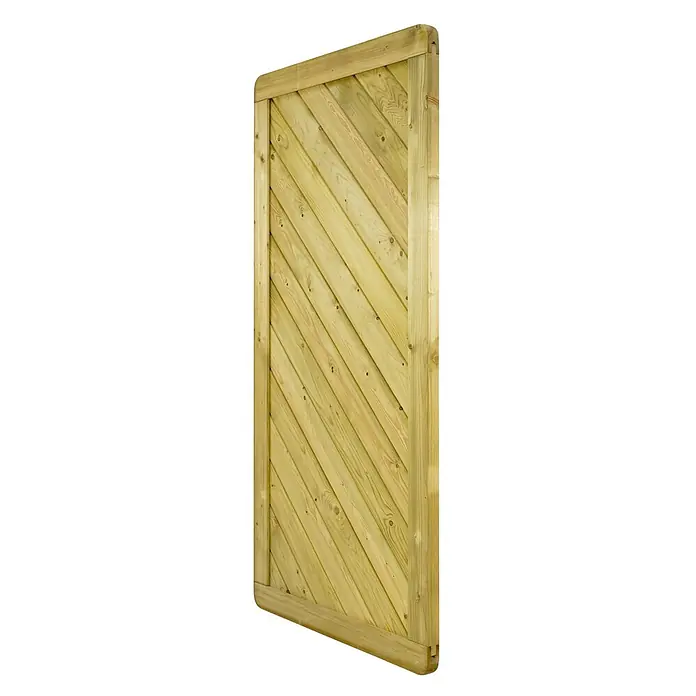 GartenLand Sichtschutzelement INNSBRUCK MASSIV - B x H: 90 x 180 cm, Holz, Fichte KDI Grün - Hellgrünes Holz-Zaunpaneel mit diagonalen Latten und abgerundeten Rahmenkanten.