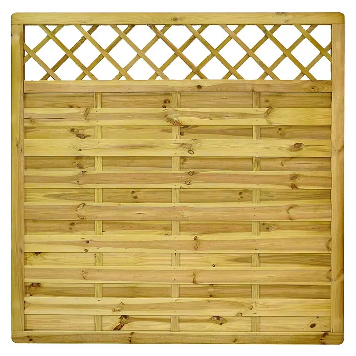 GartenLand Sichtschutzelement VARIO MASSIV - B x H: 180 x 180 cm, Holz, Kiefer KDI Grün - Hellbraune Holz-Zaunplatte mit horizontalen Latten und dekorativem diagonalem Gitteraufsatz.