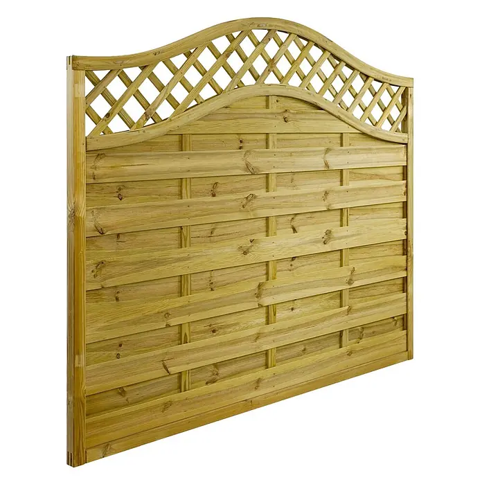 GartenLand Sichtschutzelement VARIO - B x H: 180 x 150 cm, Holz, Kiefer KDI Grün - Heller Holzzaun mit Querlatten und dekorativem gebogenem Rankgitter oben.