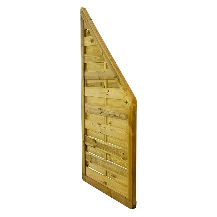 GartenLand Sichtschutzelement VARIO MASSIV - B x H: 90 x 180 cm, Holz, Kiefer KDI Grün - Schräges Gartenzaun-Element aus hellbraunem, behandeltem Holz mit horizontalen Latten und schräger Oberkante.