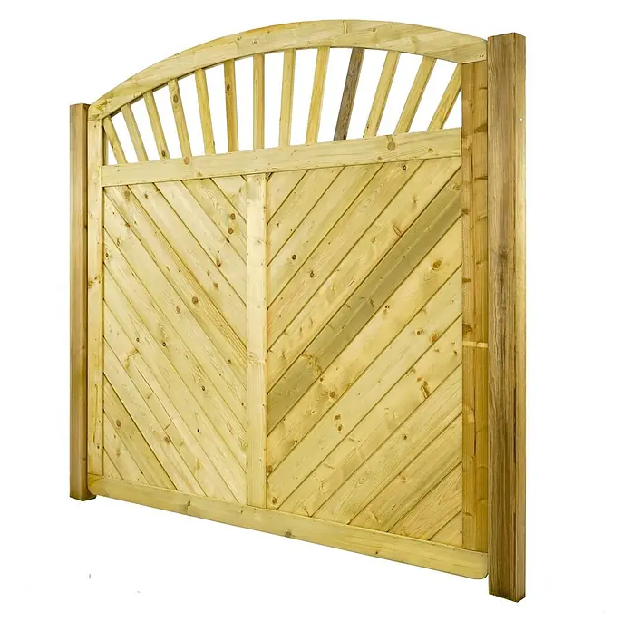 GartenLand Sichtschutzelement INNSBRUCK MASSIV - B x H: 180 x 180 cm, Holz, Fichte KDI Grün - Helles Holz-Gartentor mit Bogen oben und diagonaler Lamellenstruktur unten.