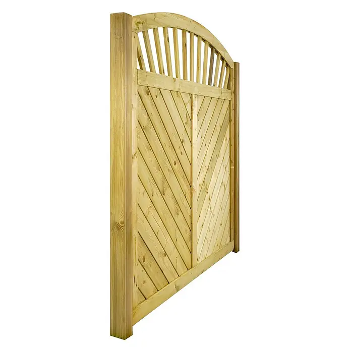 GartenLand Sichtschutzelement INNSBRUCK MASSIV - B x H: 180 x 180 cm, Holz, Fichte KDI Grün - Helles Holztor mit diagonalen Brettern im unteren Teil und einem gewölbten Oberteil mit vertikalen Latten.