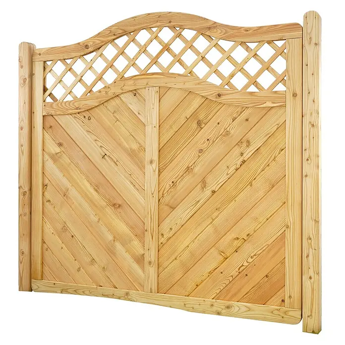 GartenLand Sichtschutzelement NIZZA - Holz, Lärche - Helles Holztor mit diagonalem Lattenmuster und gewölbtem Gitteraufsatz.