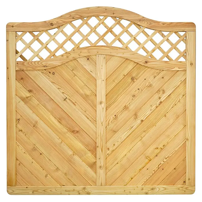 GartenLand Sichtschutzelement NIZZA - Holz, Lärche - Hellbraunes Holztor mit gewölbtem Spalieraufsatz und diagonalen V-förmigen Latten.