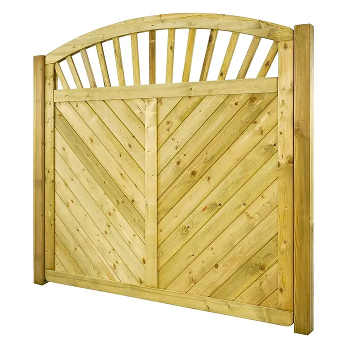 GartenLand Sichtschutzelement INNSBRUCK MASSIV - B x H: 180 x 180 cm, Holz, Fichte KDI Grün - Helles, imprägniertes Holztor mit gewölbtem Lattenoberteil und diagonalem Fischgrätmuster.