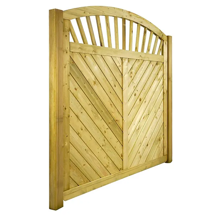 GartenLand Sichtschutzelement INNSBRUCK MASSIV - B x H: 180 x 180 cm, Holz, Fichte KDI Grün - Helles Holztor mit gewölbter Oberseite und diagonalen V-förmigen Holzlamellen.