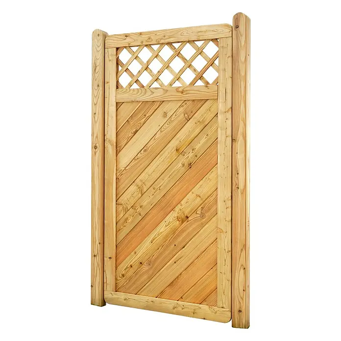 GartenLand Sichtschutzelement NIZZA - Holz, Lärche - Gartentor aus Naturholz mit diagonalen Brettern unten und einem dekorativen Gitter oben.