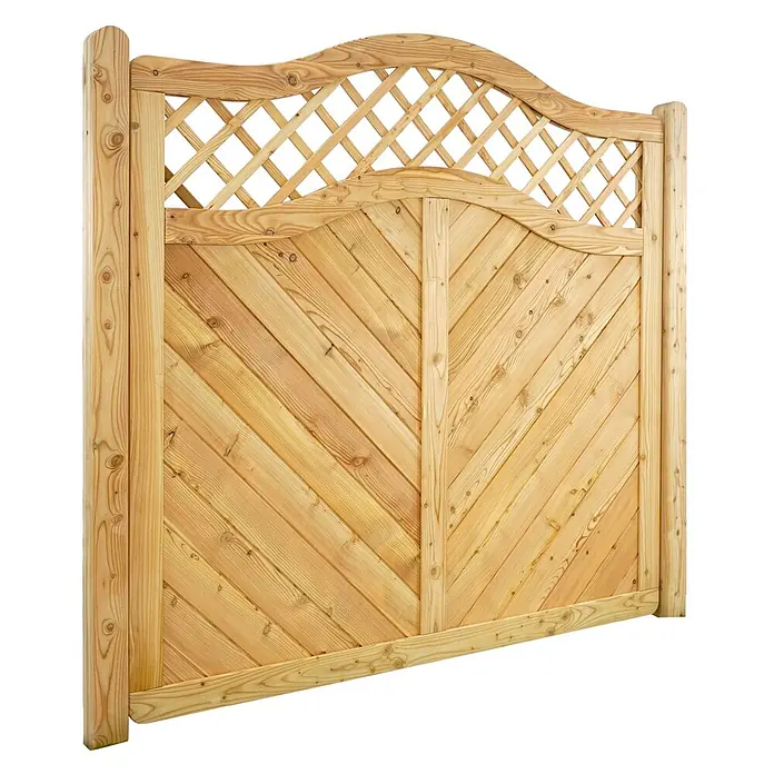 GartenLand Sichtschutzelement NIZZA - Holz, Lärche - Gartentor aus hellem Holz mit gebogenem Rankgitter oben und Fischgrätmuster unten.