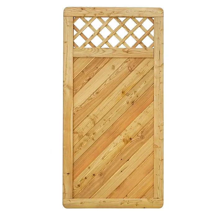 GartenLand Sichtschutzelement NIZZA - Holz, Lärche - Helles Holztor mit diagonalen Brettern und integriertem Rankgitter-Oberteil.