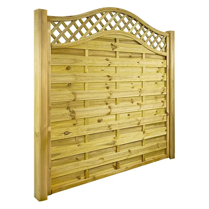 GartenLand Sichtschutzelement VARIO - B x H: 180 x 180 cm, Holz, Kiefer KDI Grün - Helles Holzzaunfeld mit Querlatten und einem gewölbten Rautenrankgitter oben.