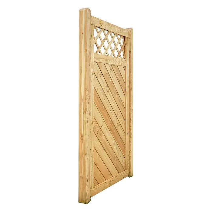 GartenLand Sichtschutzelement NIZZA - Holz, Lärche - Gartentor aus Naturholz mit diagonalen Latten unten und rautenförmigem Rankgitter oben.