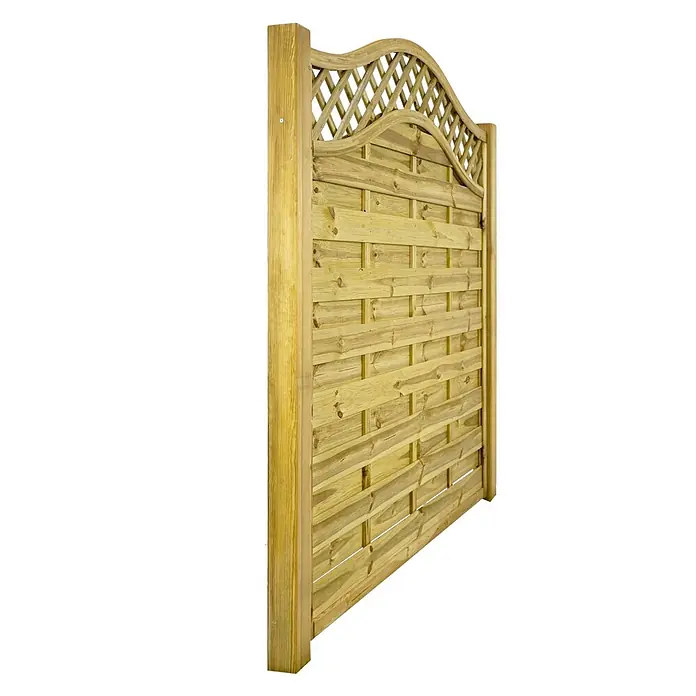 GartenLand Sichtschutzelement VARIO - B x H: 180 x 180 cm, Holz, Kiefer KDI Grün - Hellbraunes Holzzaunelement mit Flechtmuster und dekorativem gebogenem Rankgitter oben.