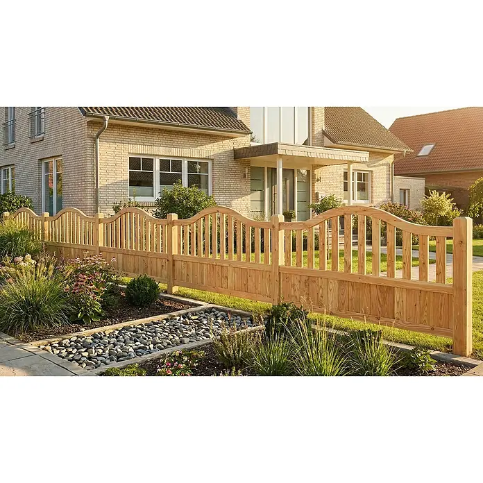 GartenLand Zauntor GRAZ - 100 x 90 cm, Lärche, Holz - Heller Holzzaun mit dekorativer Wellenform, der die Gartengestaltung eines Hauses verschönert.