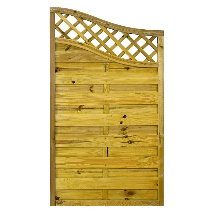 GartenLand Sichtschutzelement VARIO - B x H: 90 x 160 cm, Holz, Kiefer KDI Grün - Holzzaunfeld mit horizontalen Latten und einem dekorativen gewölbten Rankgitter, in natürlichen hellen Holztönen.